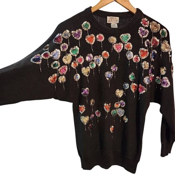 Vintage 80's Here's A Hug black sweater sequin hearts beaded dangle size small - Picture 3 of 5